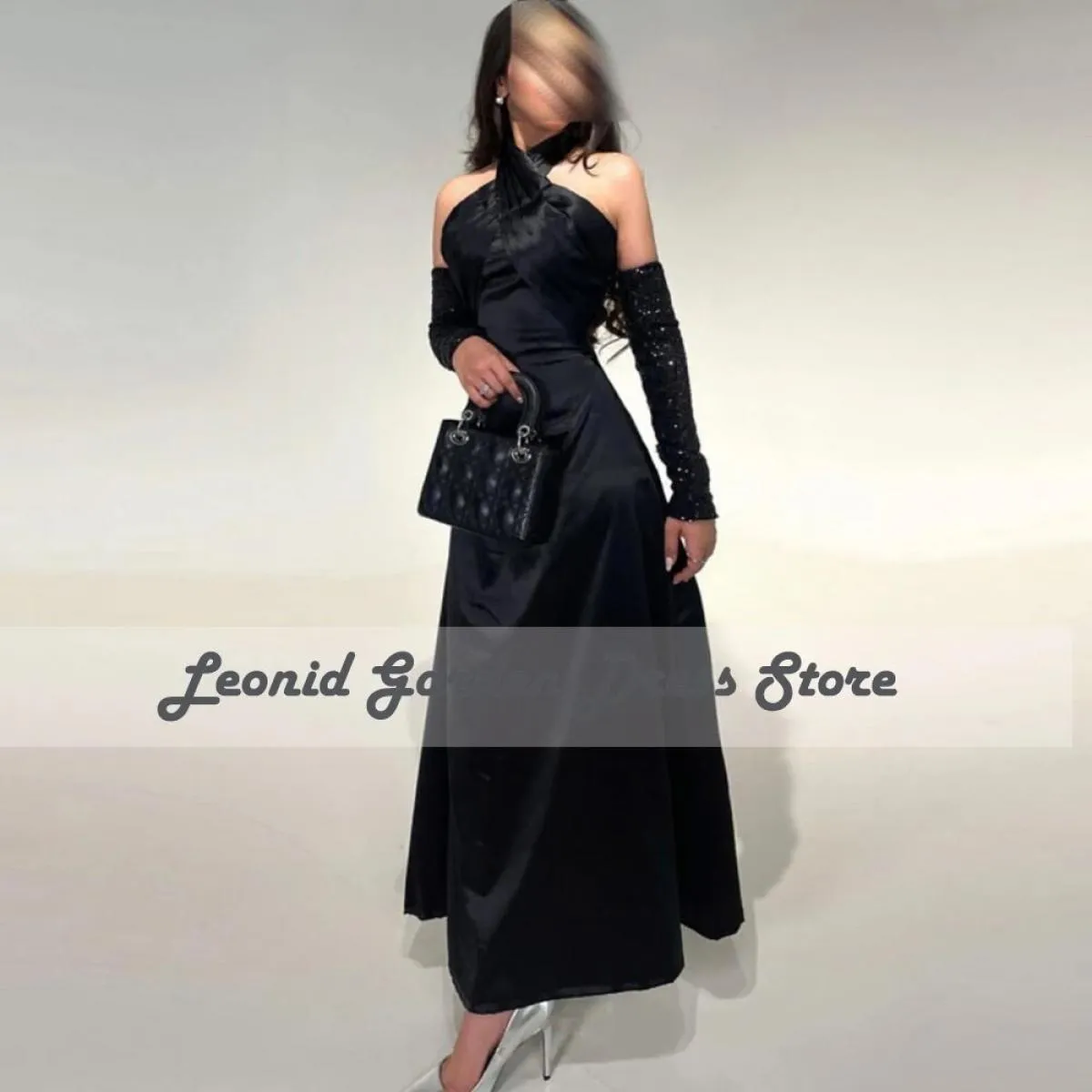 Abiti da ballo neri 2022 Abito da sera lunghezza tè Halter senza maniche Elegante semplice per le donne Abiti da festa per invit