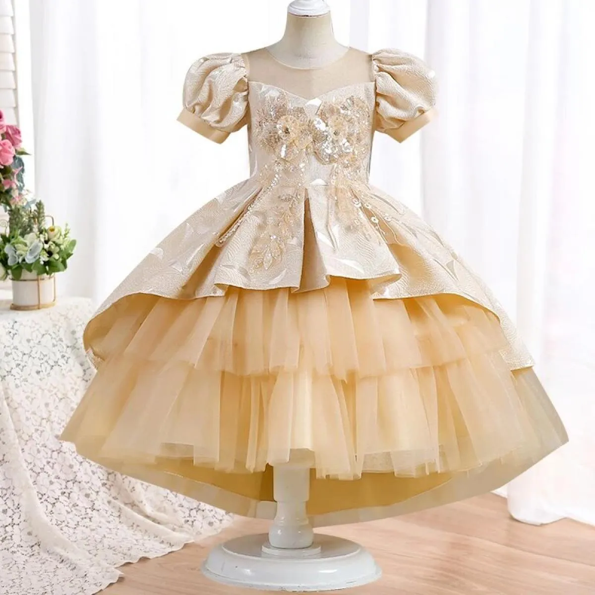 Abiti da festa per ragazze splendidi ed eleganti con ricamo in rete per abiti da ballo di Natale di 4 12 anni Nuovi bambini