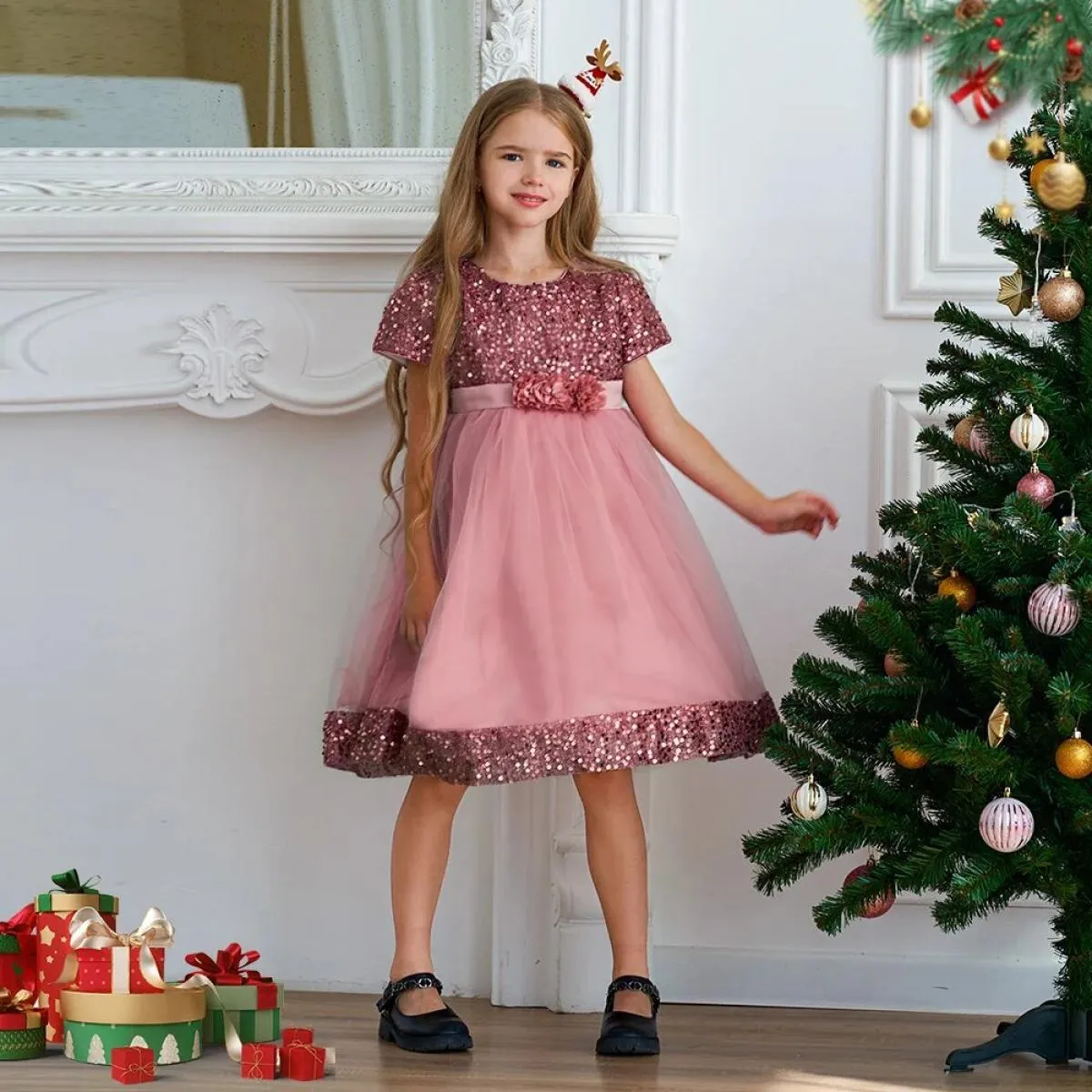 Abito da festa di nozze per ragazza di Natale Elegante fiocco di paillettes per bambini Compleanno Abiti da principessa Abito da