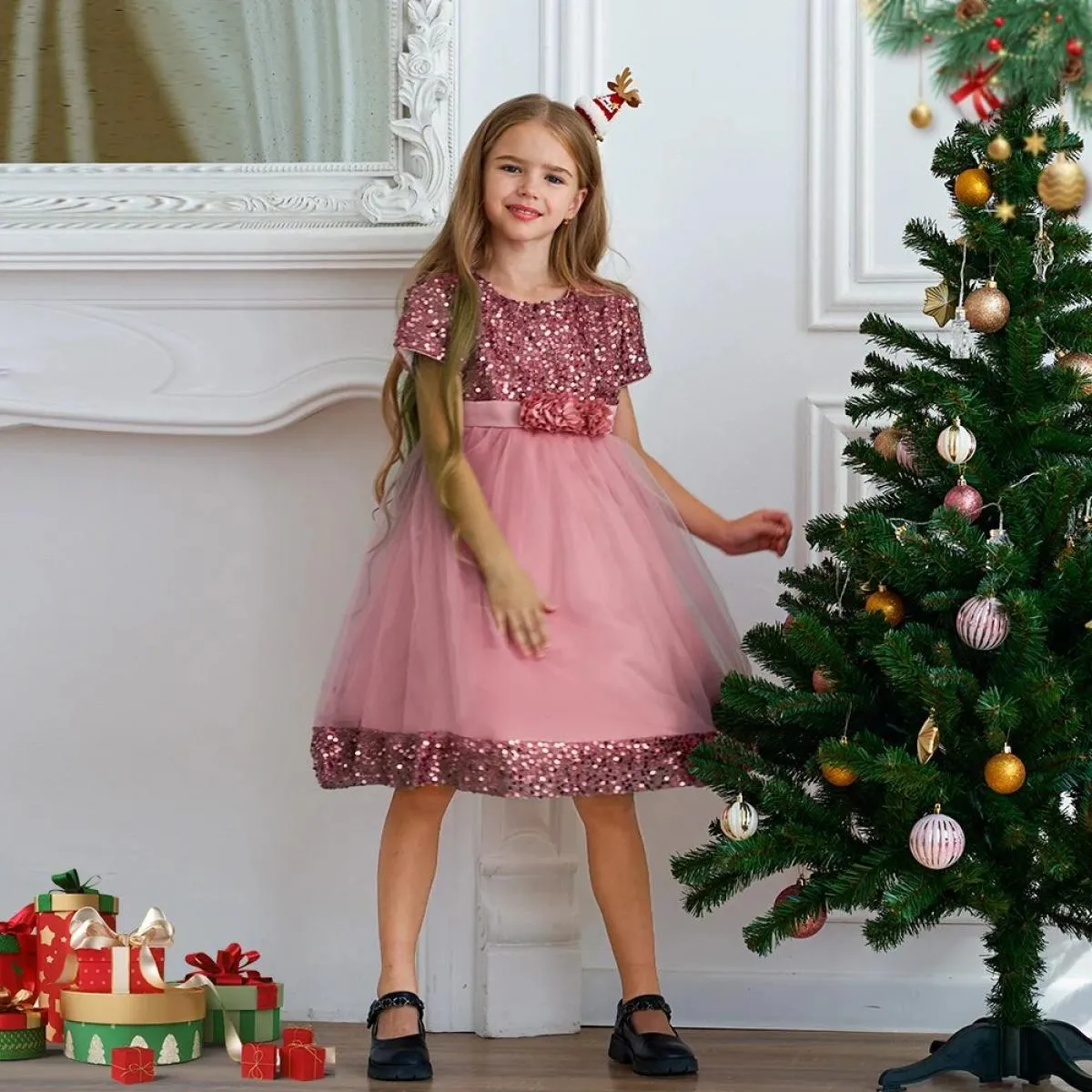 Abito da festa di nozze per ragazza di Natale Elegante fiocco di paillettes per bambini Compleanno Abiti da principessa Abito da