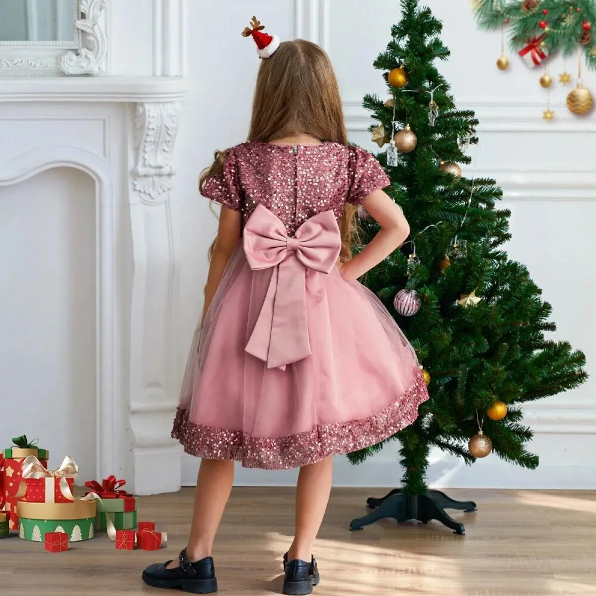 Abito da festa di nozze per ragazza di Natale Elegante fiocco di paillettes per bambini Compleanno Abiti da principessa Abito da