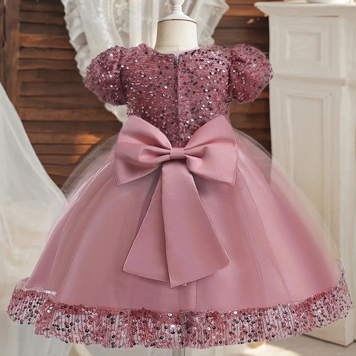 Abito da festa di nozze per ragazza di Natale Elegante fiocco di paillettes per bambini Compleanno Abiti da principessa Abito da