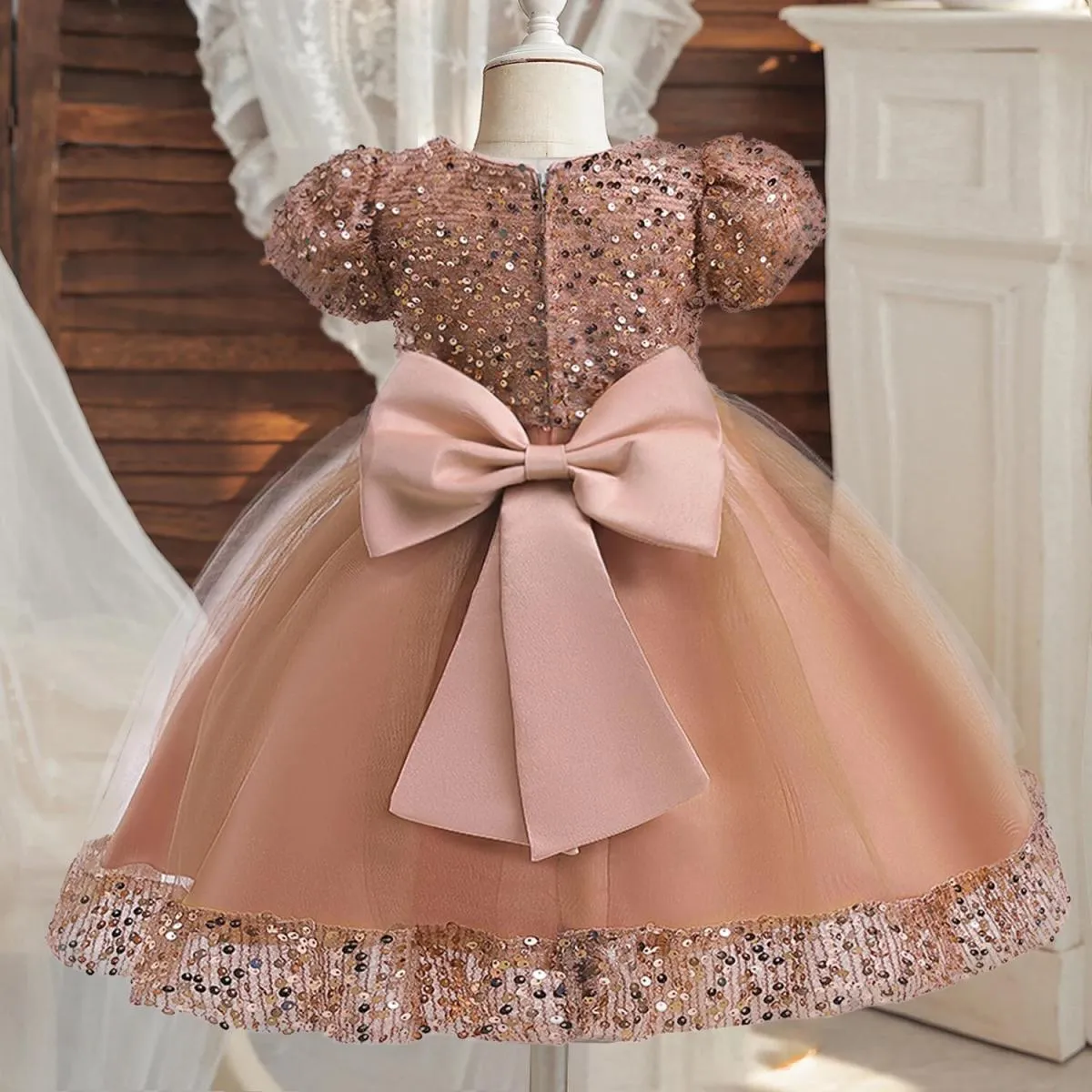Abito da festa di nozze per ragazza di Natale Elegante fiocco di paillettes per bambini Compleanno Abiti da principessa Abito da