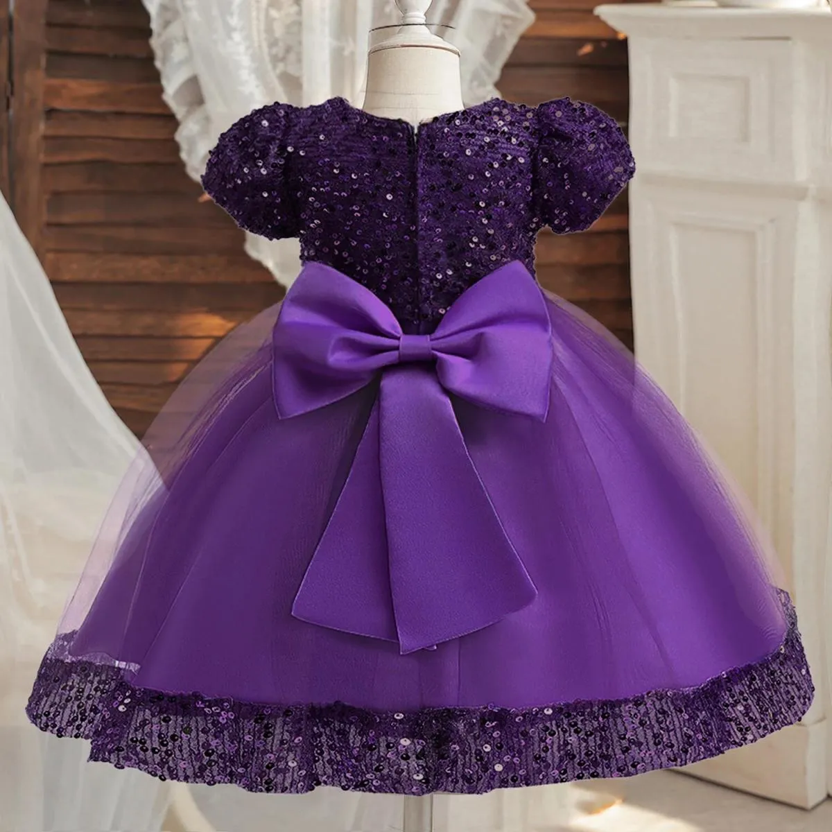 Abito da festa di nozze per ragazza di Natale Elegante fiocco di paillettes per bambini Compleanno Abiti da principessa Abito da