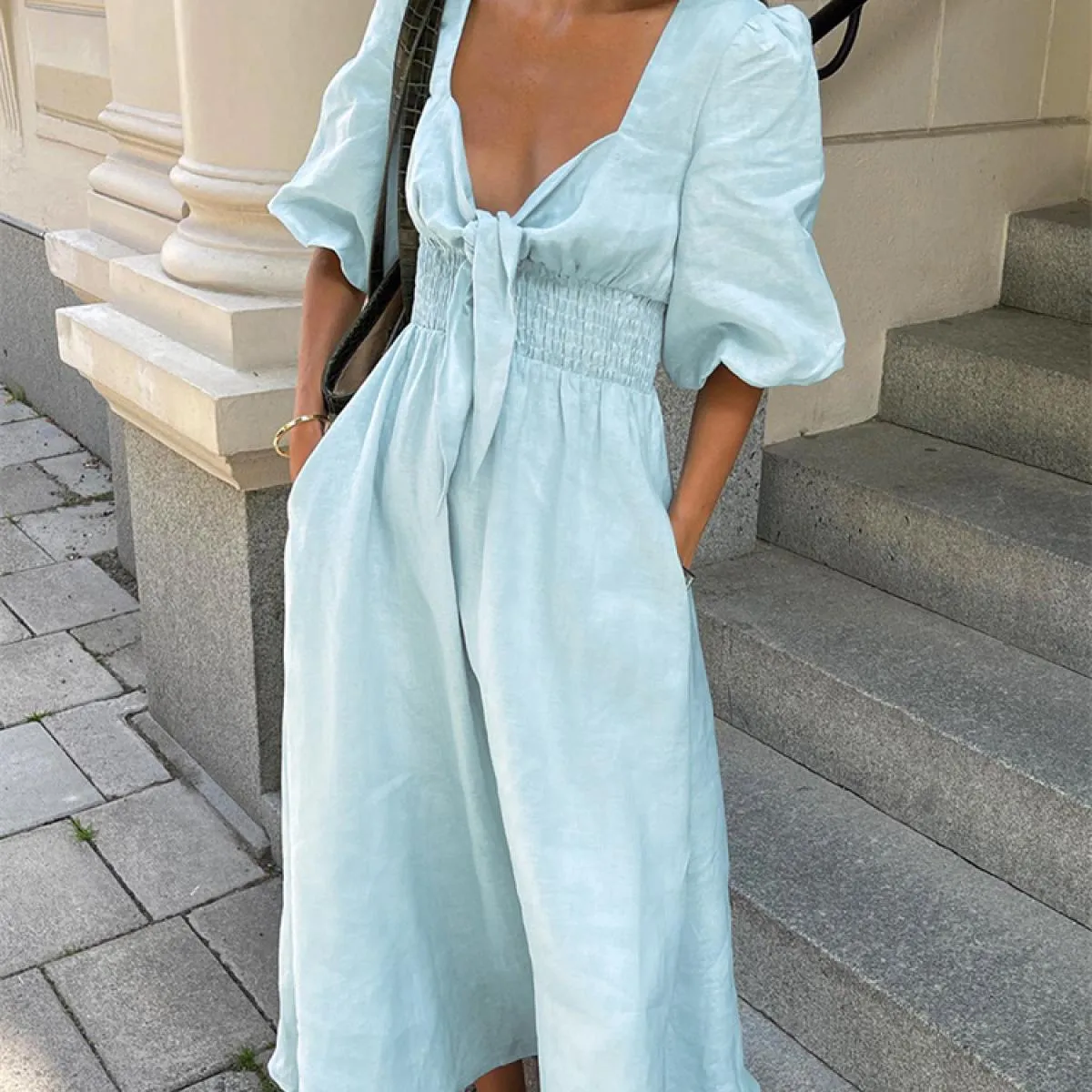Abito maxi casual con fasciatura con scollo a V per donna Abito patchwork a maniche corte elegante da festa Abito femminil