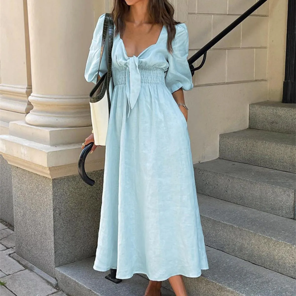 Abito maxi casual con fasciatura con scollo a V per donna Abito patchwork a maniche corte elegante da festa Abito femminil