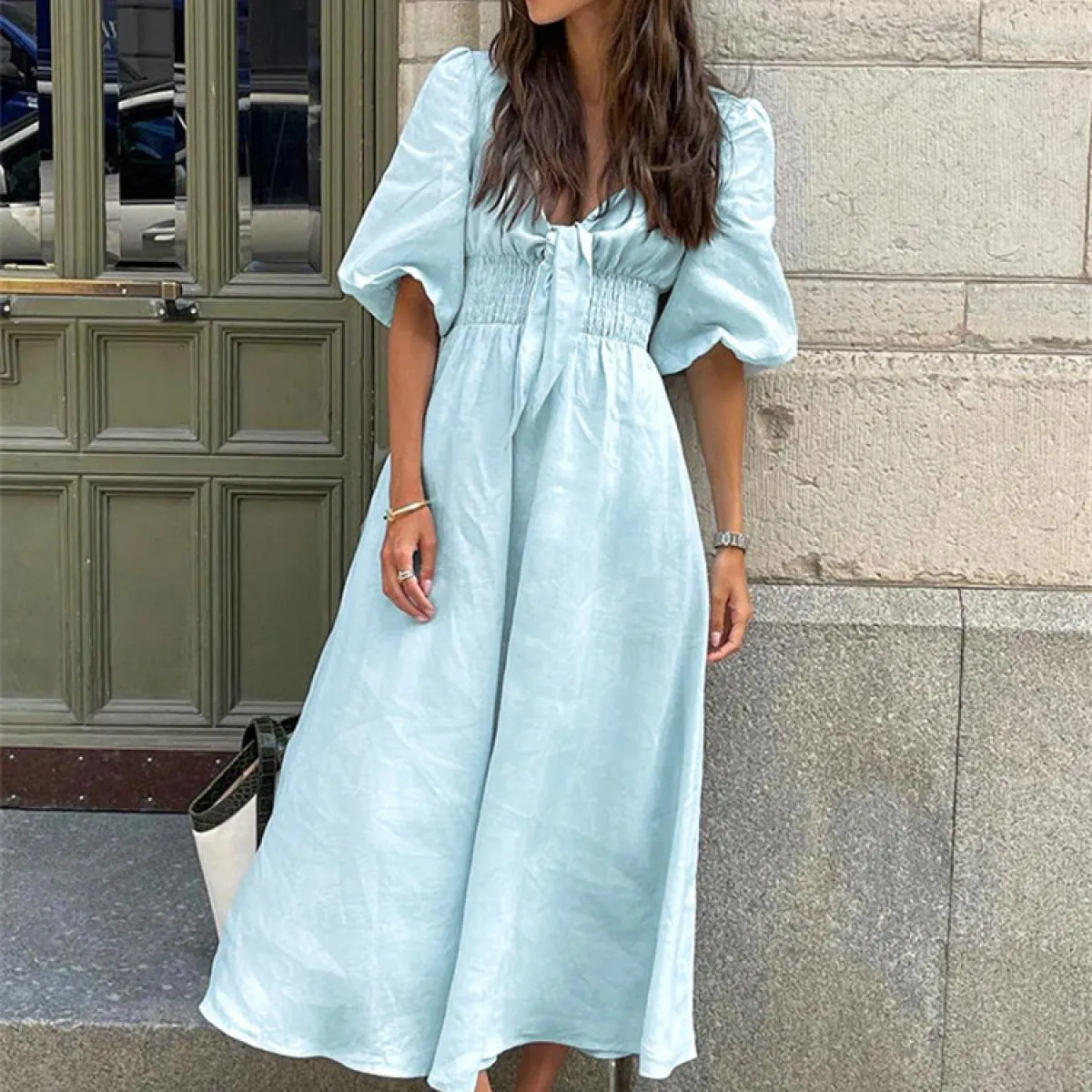 Abito maxi casual con fasciatura con scollo a V per donna Abito patchwork a maniche corte elegante da festa Abito femminil