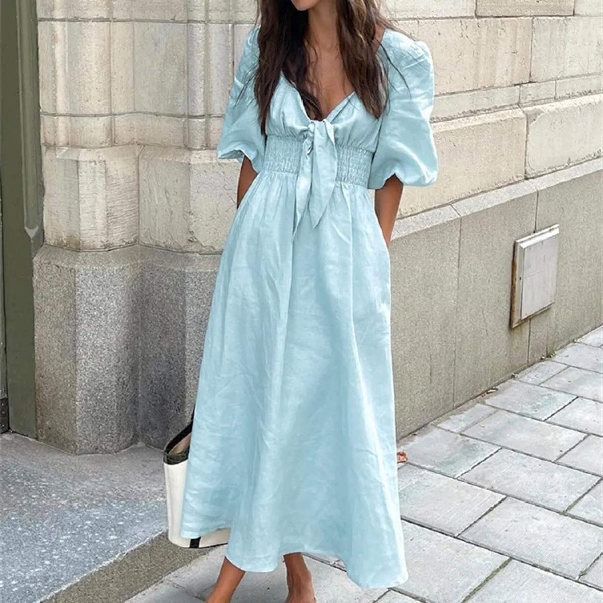 Abito maxi casual con fasciatura con scollo a V per donna Abito patchwork a maniche corte elegante da festa Abito femminil