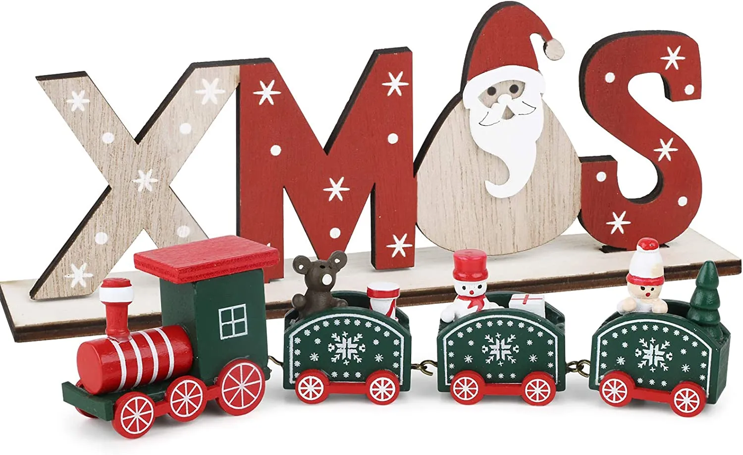 BHGT Mini Trenino in Legno Rosso Ornamento Natalizio da Tavolo Noel Decorazione Natalizia Oggetti Natallizi Addobbi per Natale C