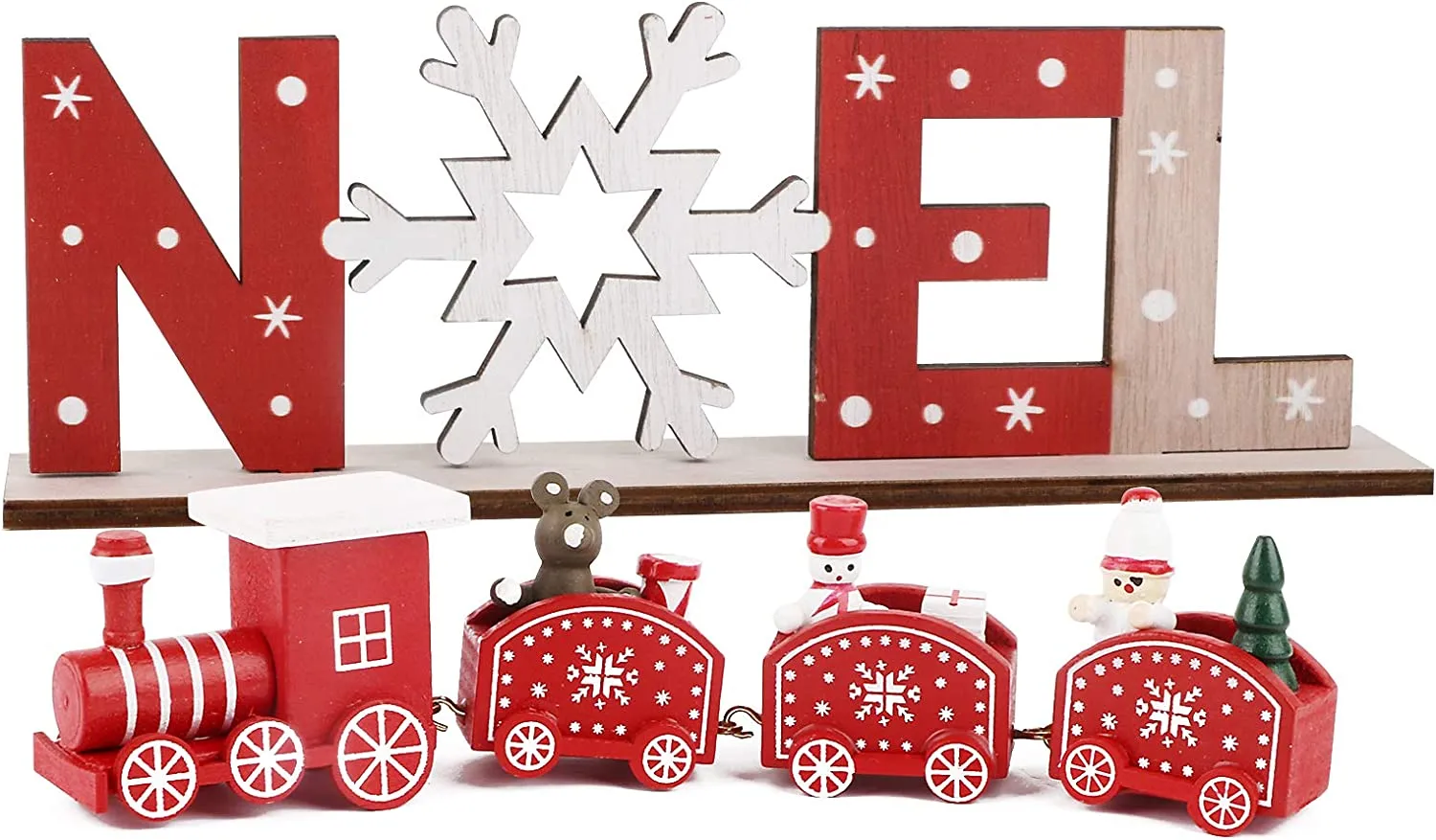 BHGT Mini Trenino in Legno Rosso Ornamento Natalizio da Tavolo Noel Decorazione Natalizia Oggetti Natallizi Addobbi per Natale C
