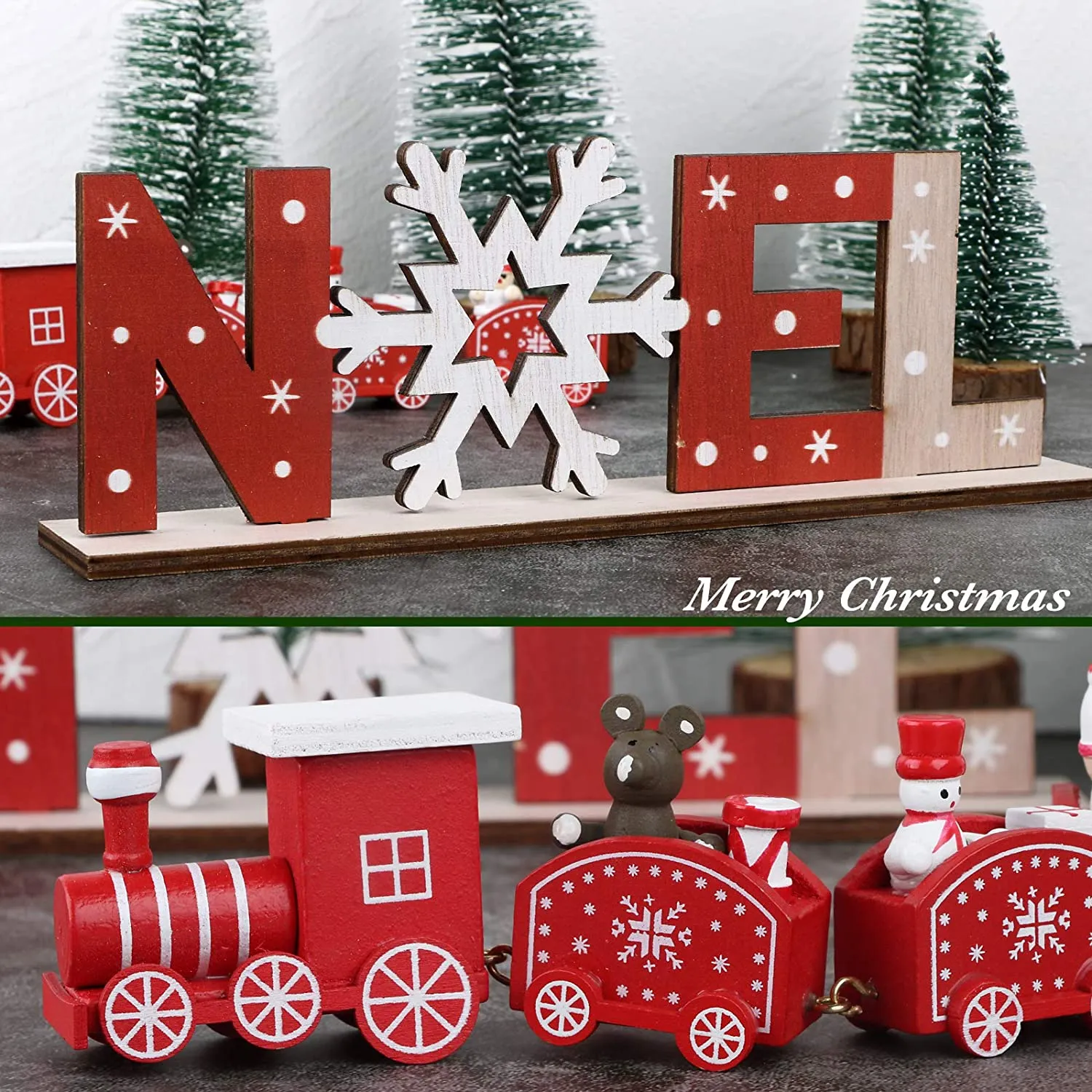 BHGT Mini Trenino in Legno Rosso Ornamento Natalizio da Tavolo Noel Decorazione Natalizia Oggetti Natallizi Addobbi per Natale C