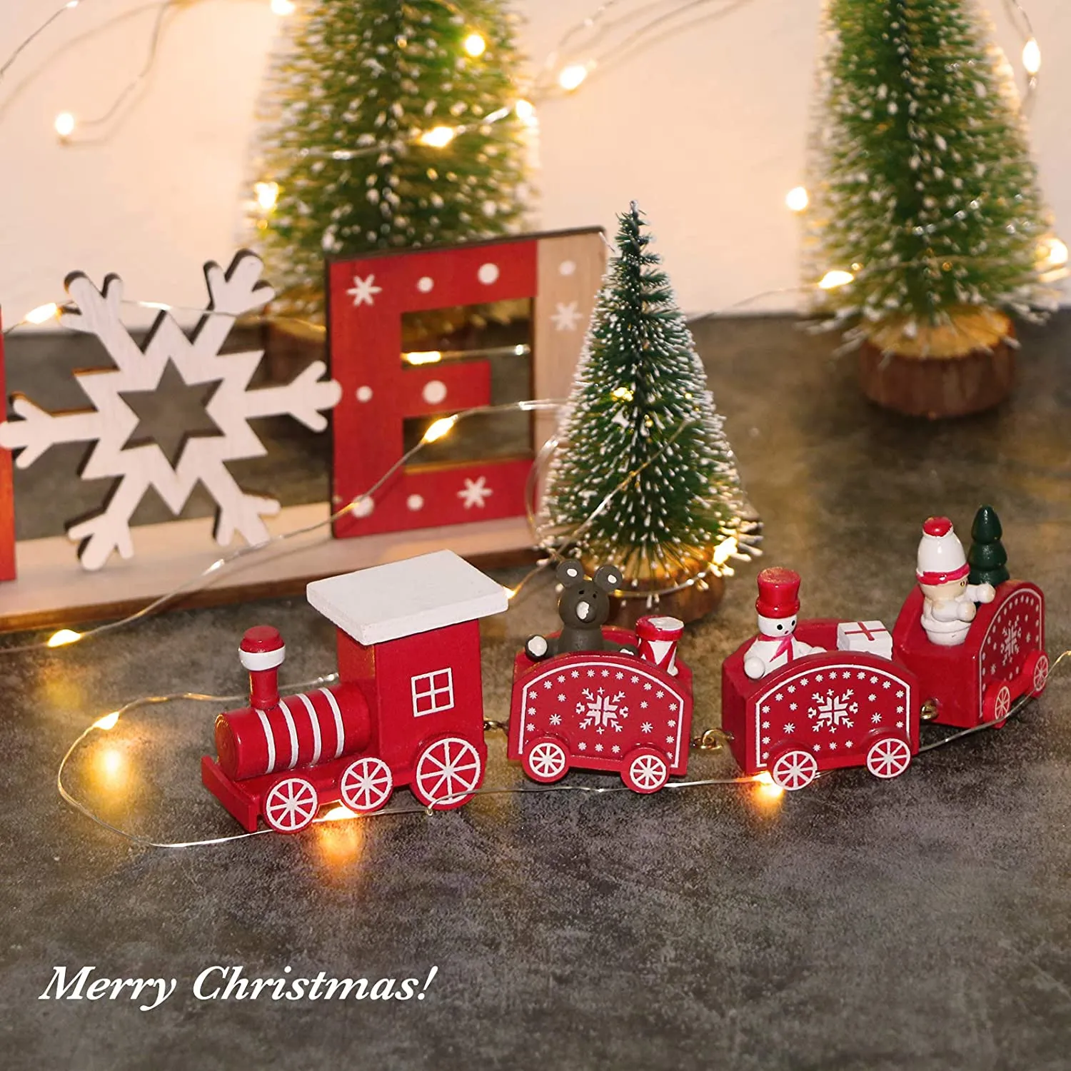 BHGT Mini Trenino in Legno Rosso Ornamento Natalizio da Tavolo Noel Decorazione Natalizia Oggetti Natallizi Addobbi per Natale C