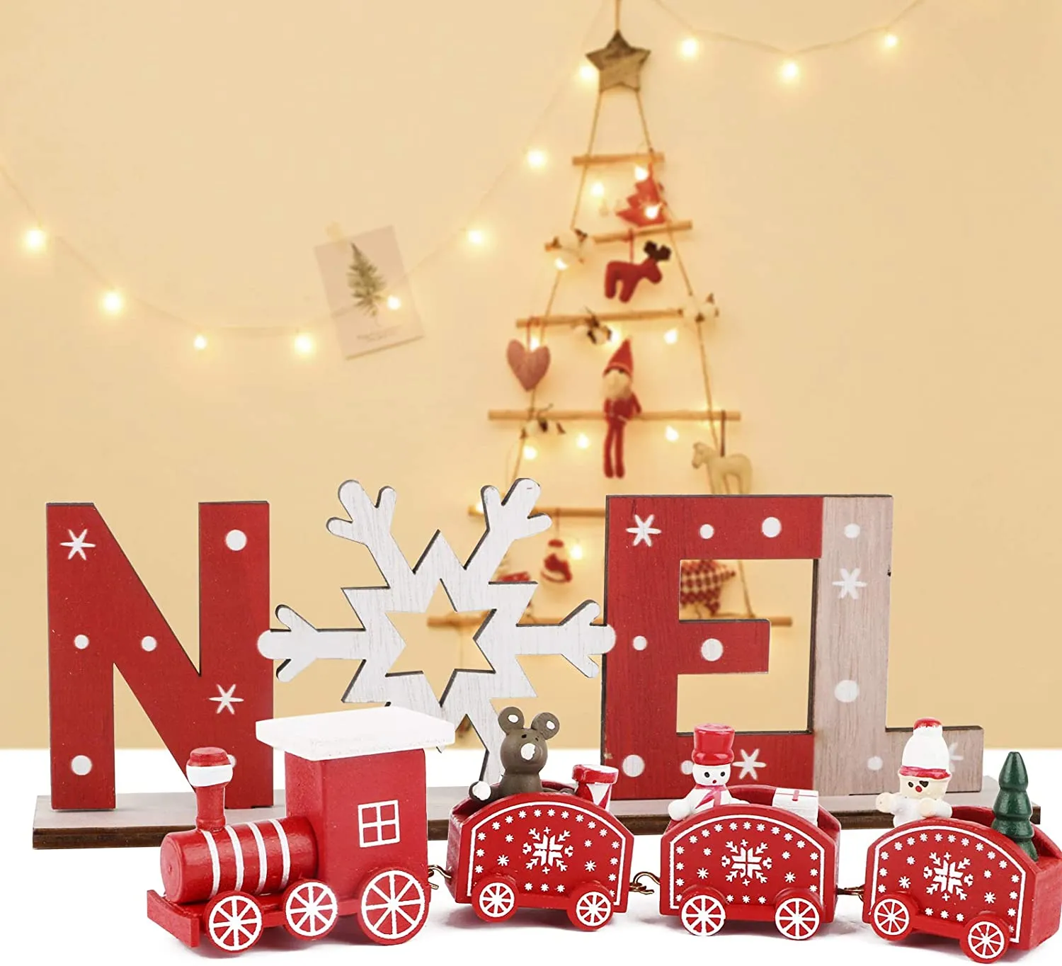 BHGT Mini Trenino in Legno Rosso Ornamento Natalizio da Tavolo Noel Decorazione Natalizia Oggetti Natallizi Addobbi per Natale C