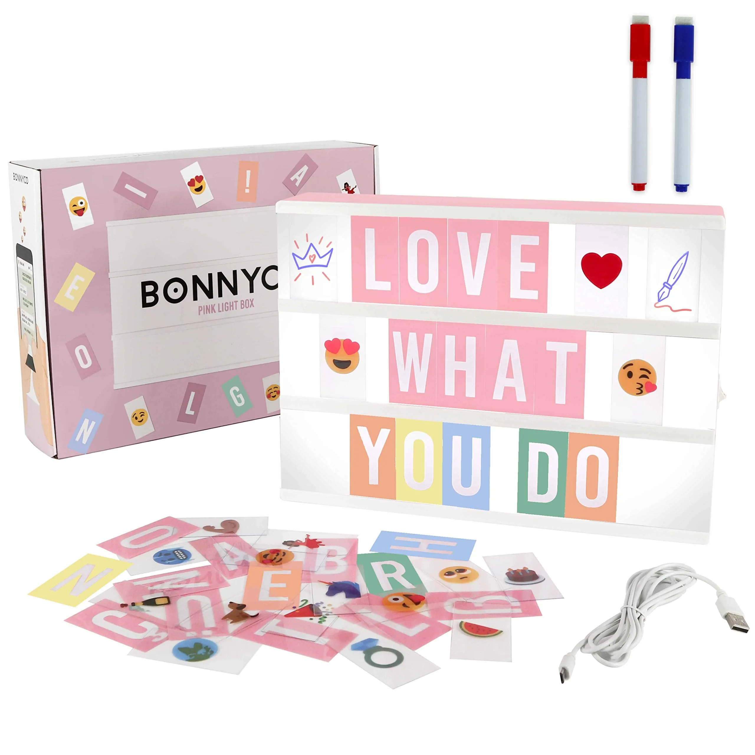 BONNYCO Light Box Rosa con 400 Lettere ed Emoji, 2 Pennarelli Lavagna Luminosa con Lettere Luminose Idee Regalo per Compleanno e