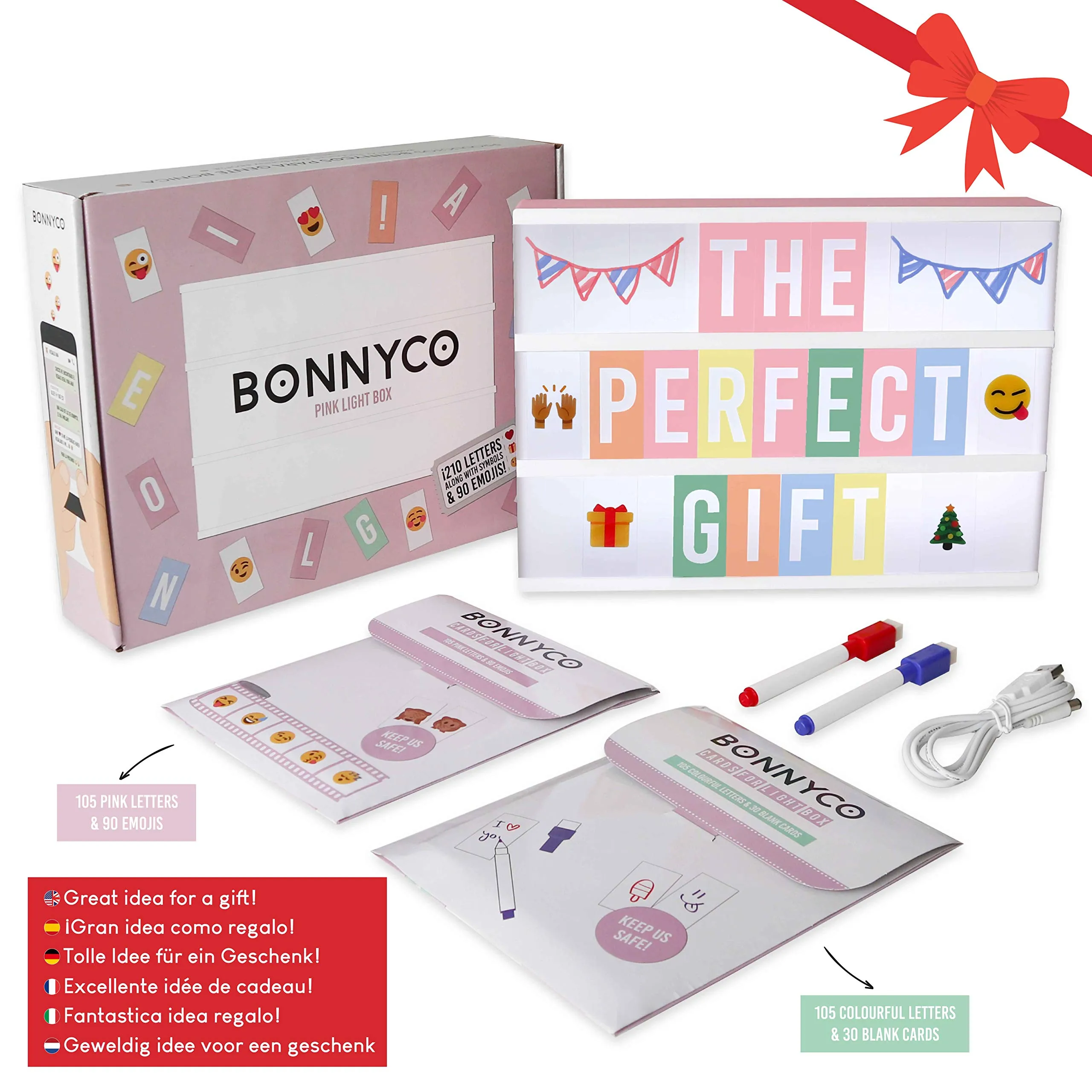 BONNYCO Light Box Rosa con 400 Lettere ed Emoji, 2 Pennarelli Lavagna Luminosa con Lettere Luminose Idee Regalo per Compleanno e