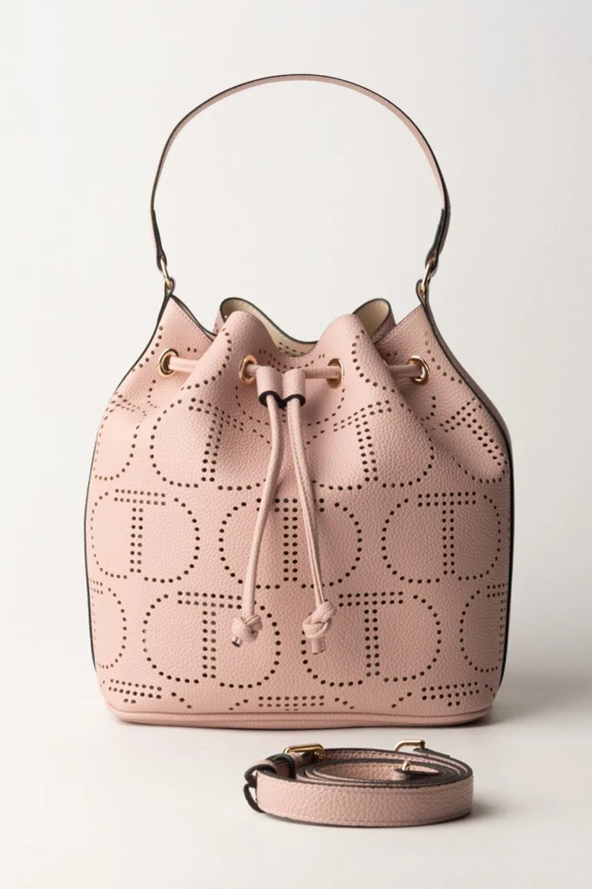 Borsa a secchiello con logo traforato ROSA GESSO