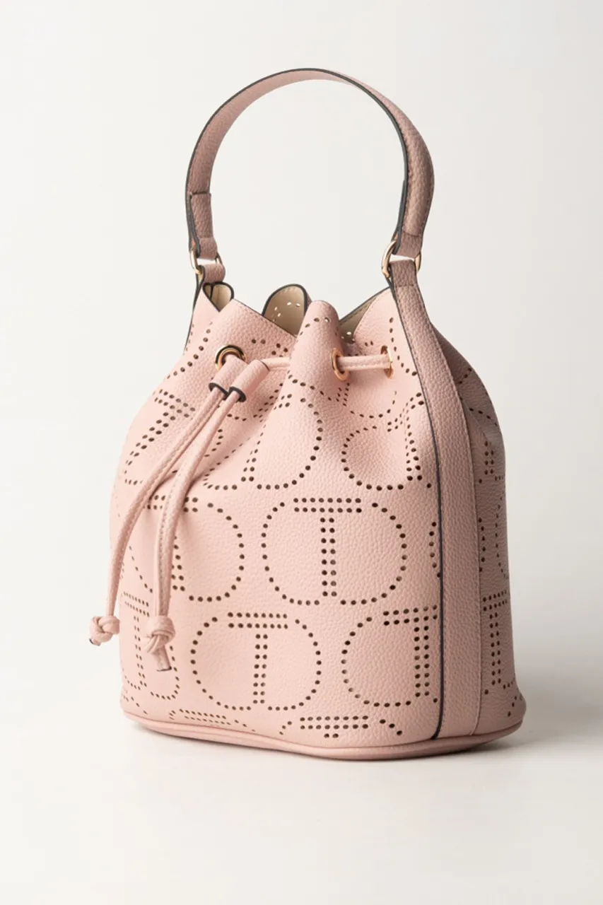 Borsa a secchiello con logo traforato ROSA GESSO