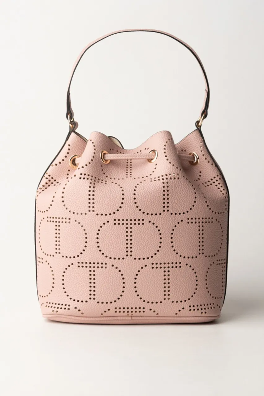 Borsa a secchiello con logo traforato ROSA GESSO