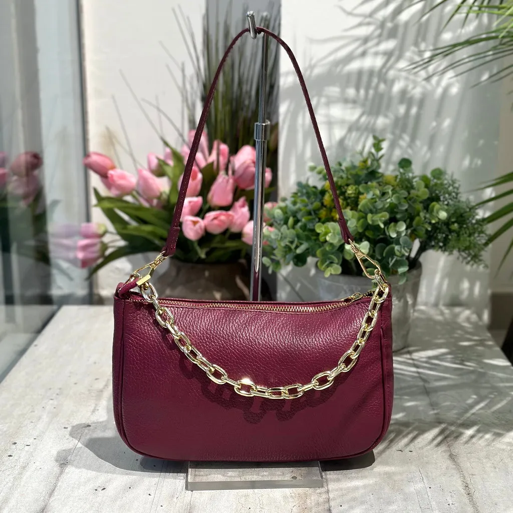 Borsa in Pelle Classica Bordeaux con Catena a Spalla