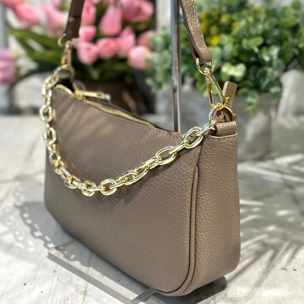 Borsa in Pelle Classica Taupe con Catena a Spalla