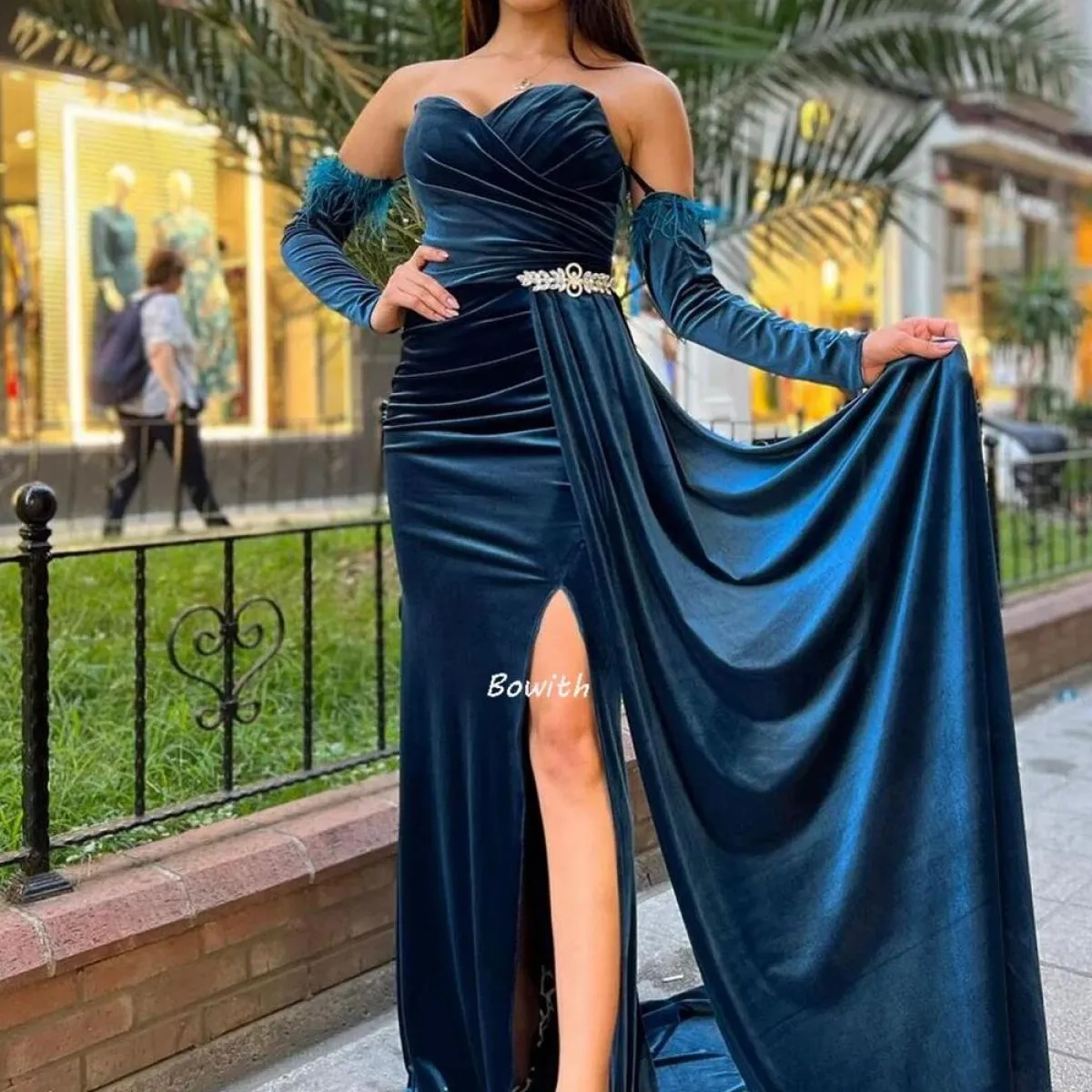 Bowith Sirena Abiti da festa di Natale Abito da sera da donna con maniche staccabili Abito da sera di lusso in velluto Abito for