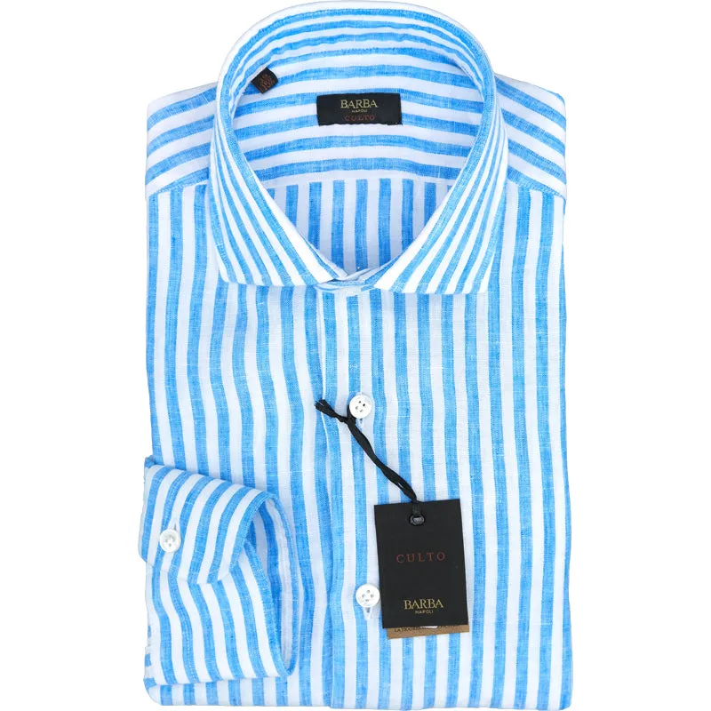 Camicia BARBA Napoli Culto in Puro Lino Righe Bianco Celeste