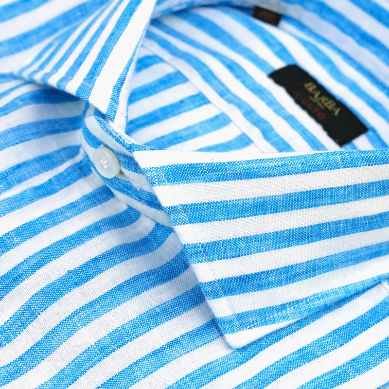 Camicia BARBA Napoli Culto in Puro Lino Righe Bianco Celeste