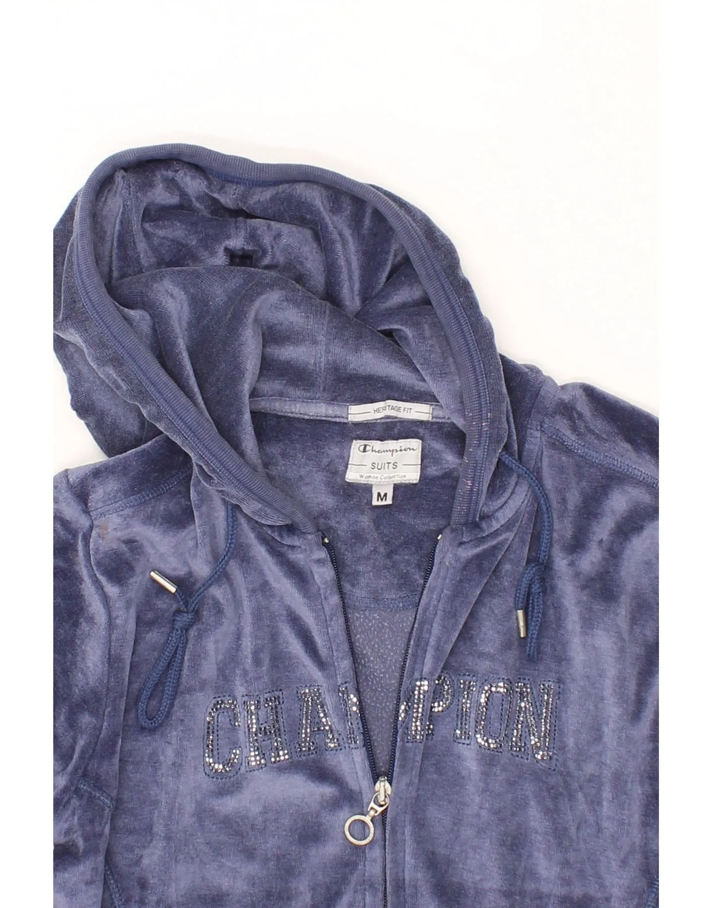 CHAMPION Womens Velour Zip Hoodie Sweater UK 14 Medium Navy Blue