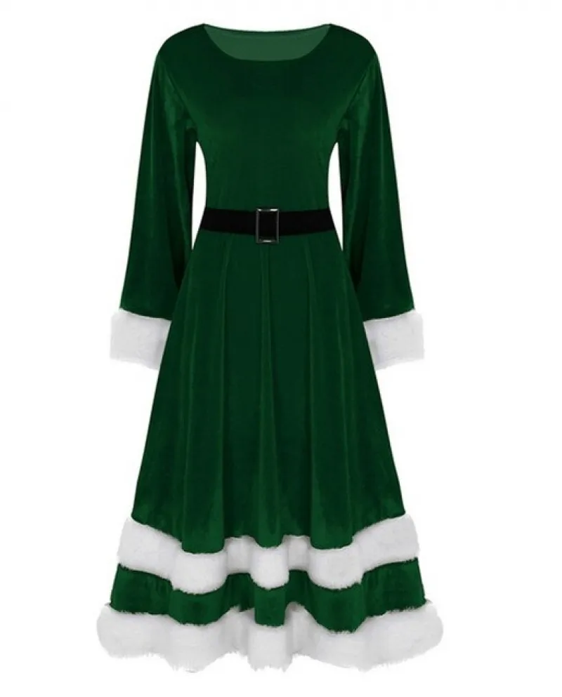 Donne Morbido Velluto Rosso Verde Vestito Di Natale Delle Donne Autunno Inverno Manica Lunga Vestito Da Partito Signora Babbo Na