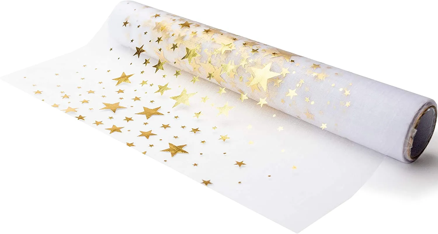 Guida da tavolo in organza con stelle dorate, 28 cm x 5 m, decorazione natalizia per la tavola, per l’Avvento e il Natale