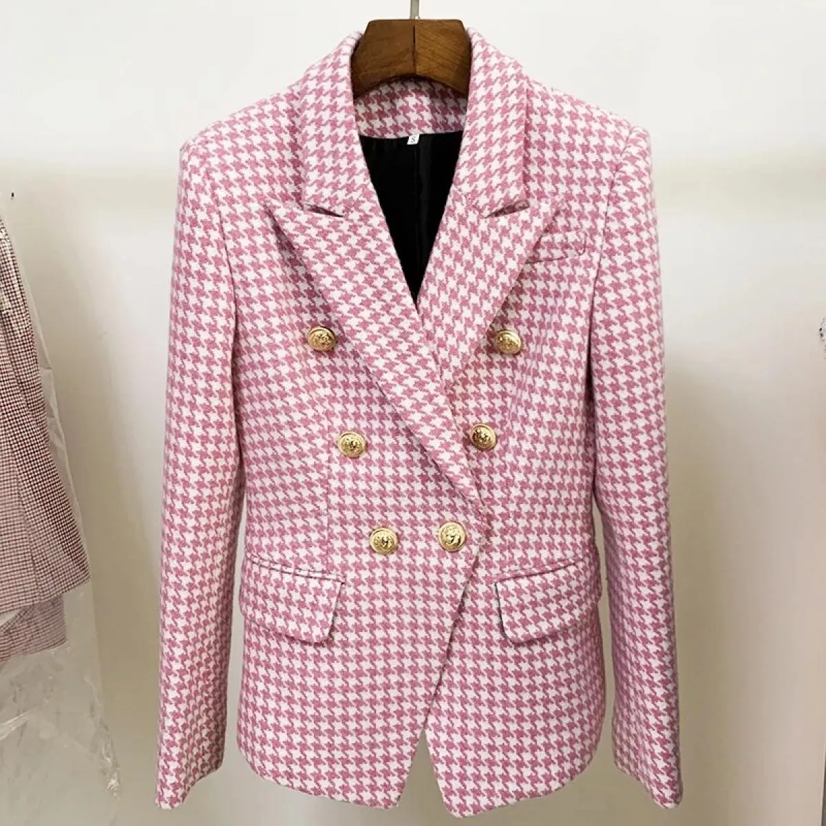 High Street Newest Fashion 2022 Designer Giacca da donna doppio petto con bottoni in leone di lana tweed pied de poule Blazer Bl