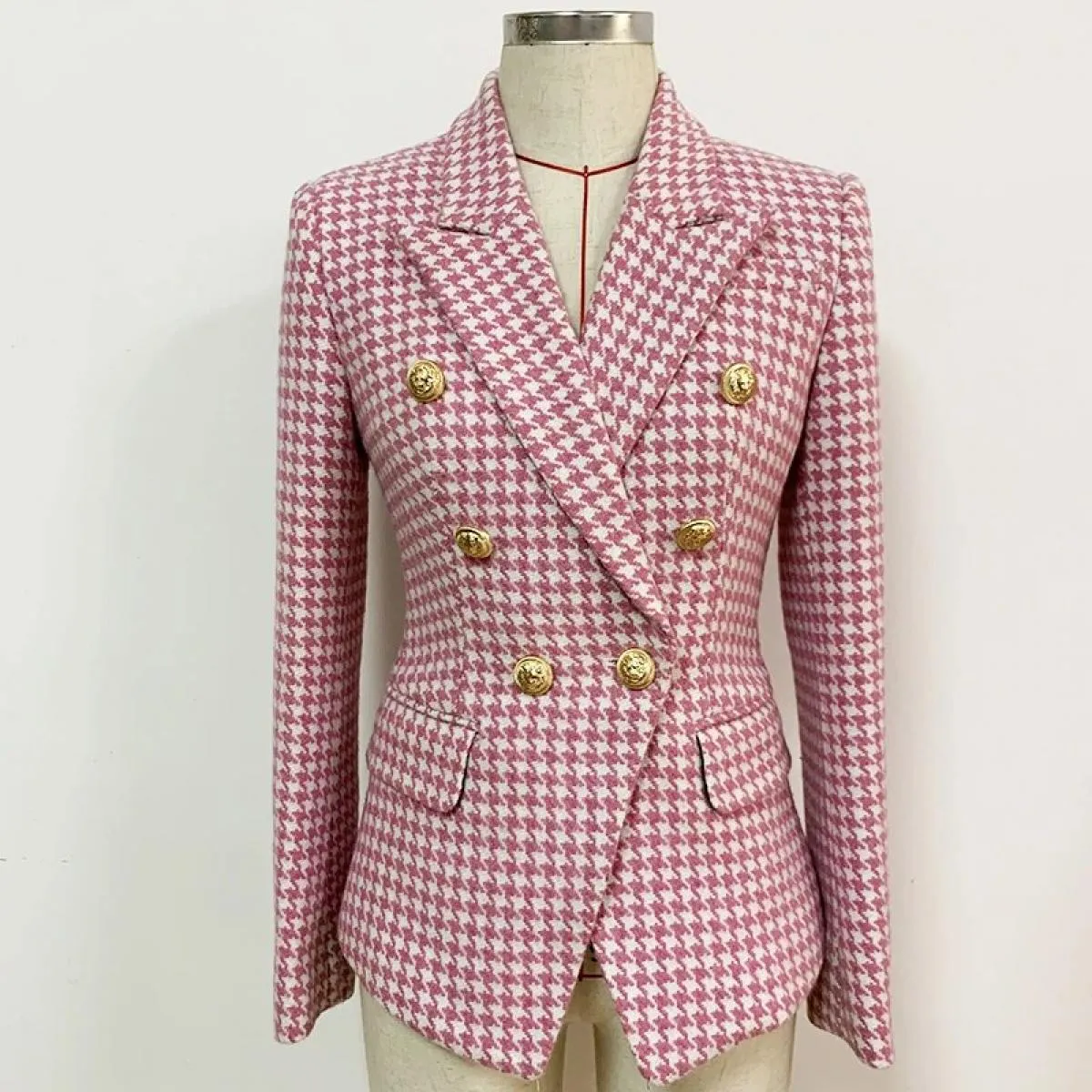 High Street Newest Fashion 2022 Designer Giacca da donna doppio petto con bottoni in leone di lana tweed pied de poule Blazer Bl