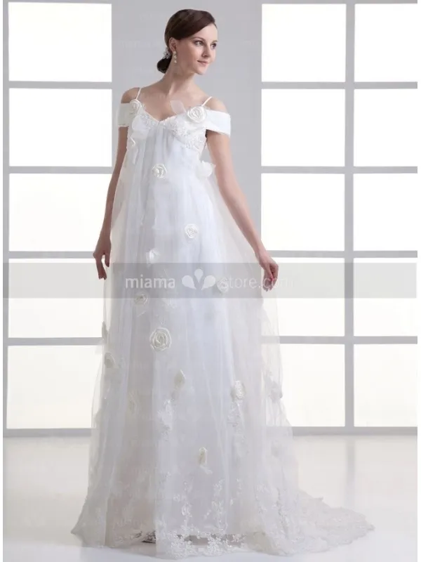 OLGA - A-line Spaghetti straps Off the shoulder V-neck Chapel train Tulle Wedding dress