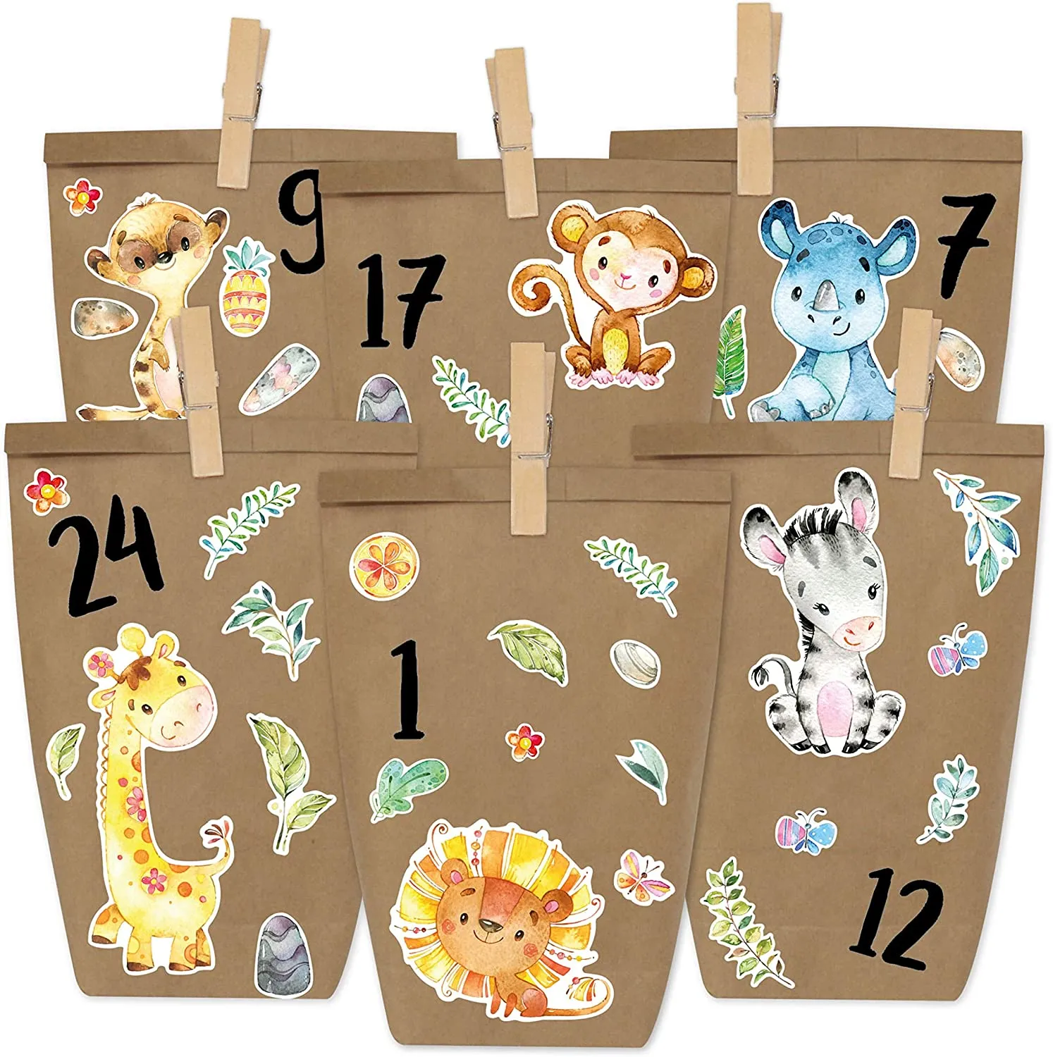 PaPIerDraCHeN DIY Calendario dell'avvento Set di Carta Kraft - Pinguini da attaccare - con 24 Sacchetti di Carta Marrone da riem
