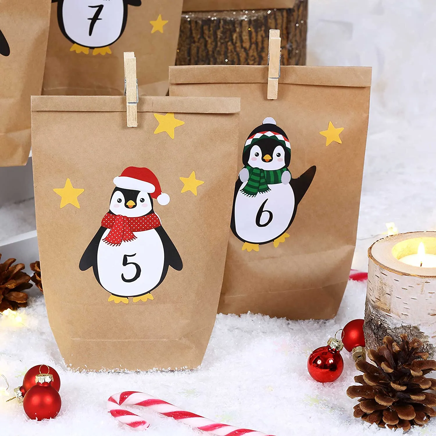 PaPIerDraCHeN DIY Calendario dell'avvento Set di Carta Kraft - Pinguini da attaccare - con 24 Sacchetti di Carta Marrone da riem