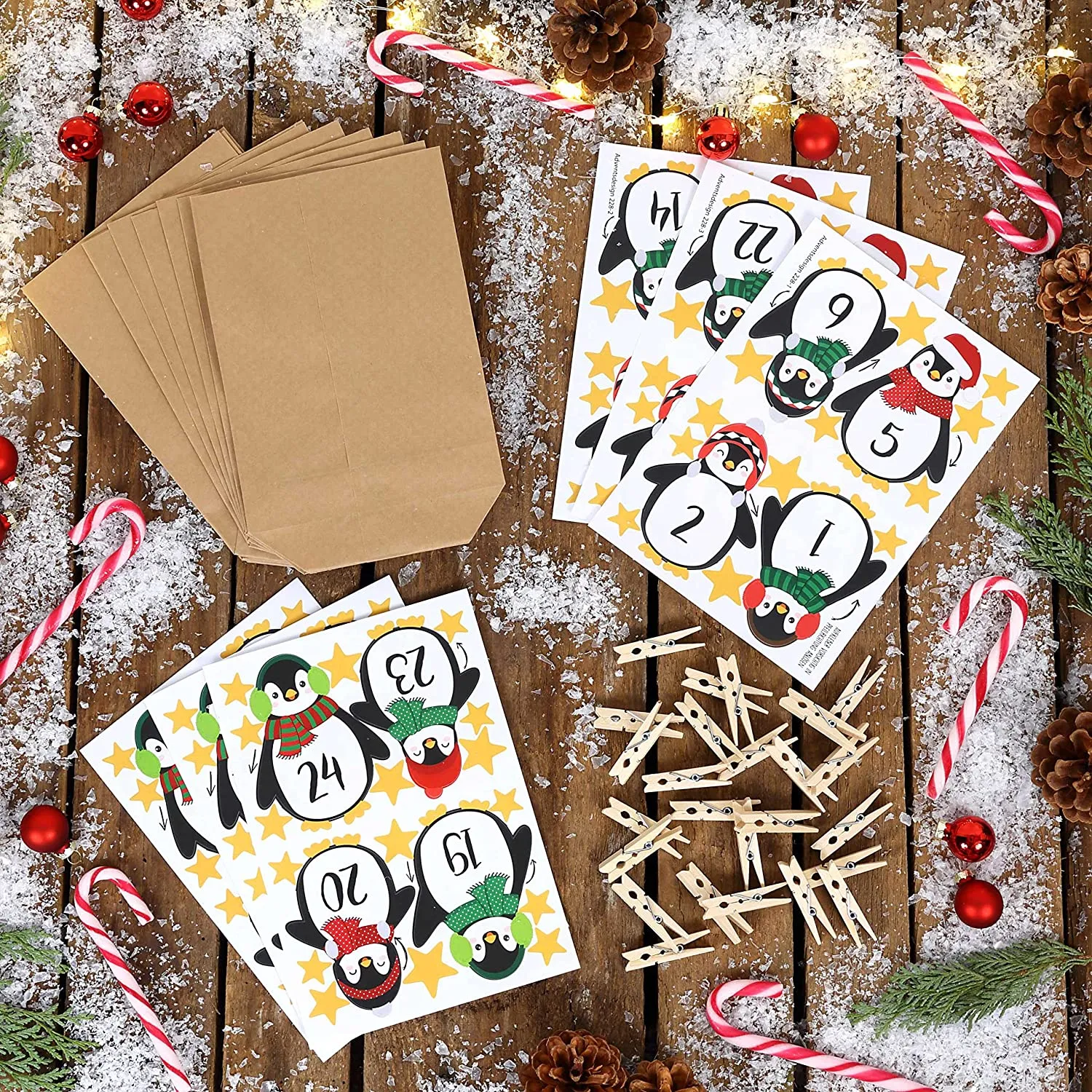 PaPIerDraCHeN DIY Calendario dell'avvento Set di Carta Kraft - Pinguini da attaccare - con 24 Sacchetti di Carta Marrone da riem