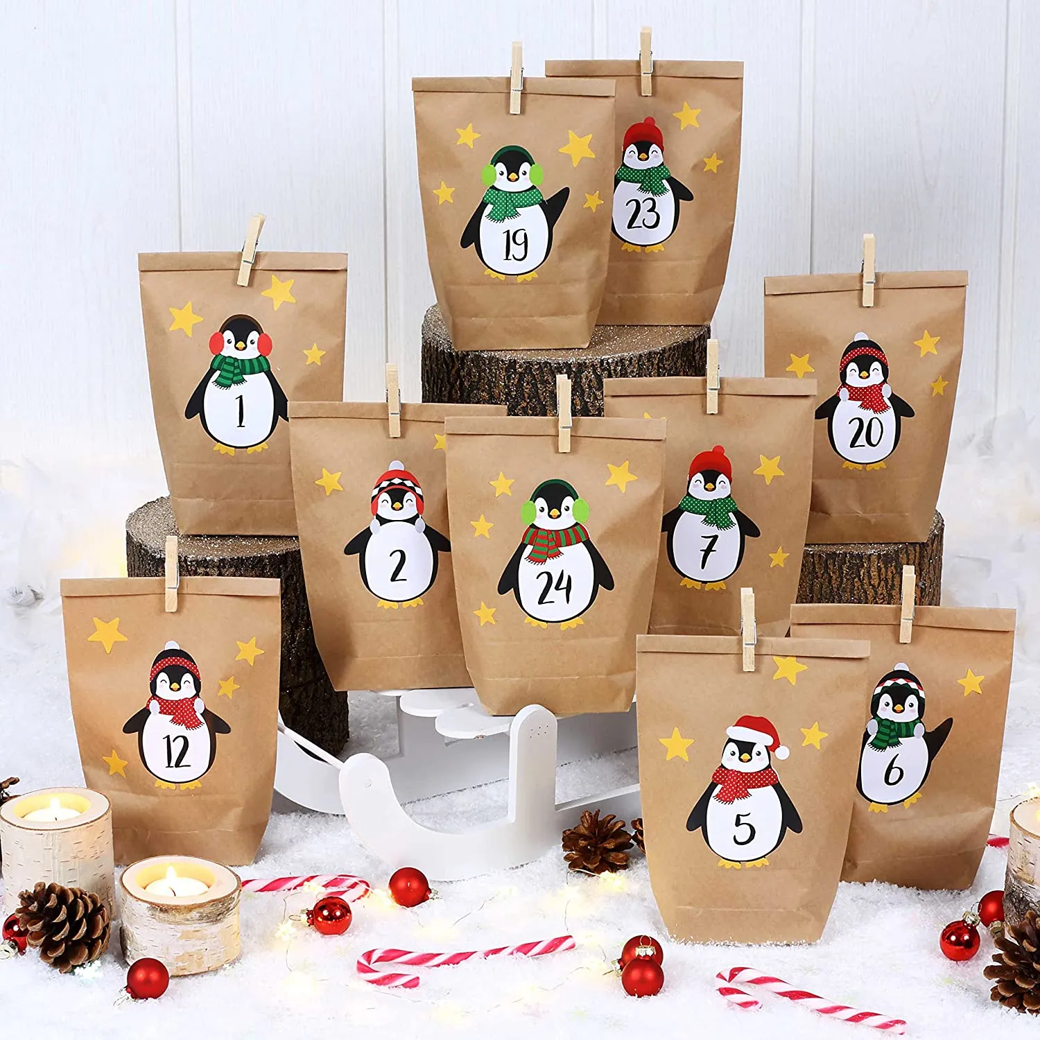 PaPIerDraCHeN DIY Calendario dell'avvento Set di Carta Kraft - Pinguini da attaccare - con 24 Sacchetti di Carta Marrone da riem