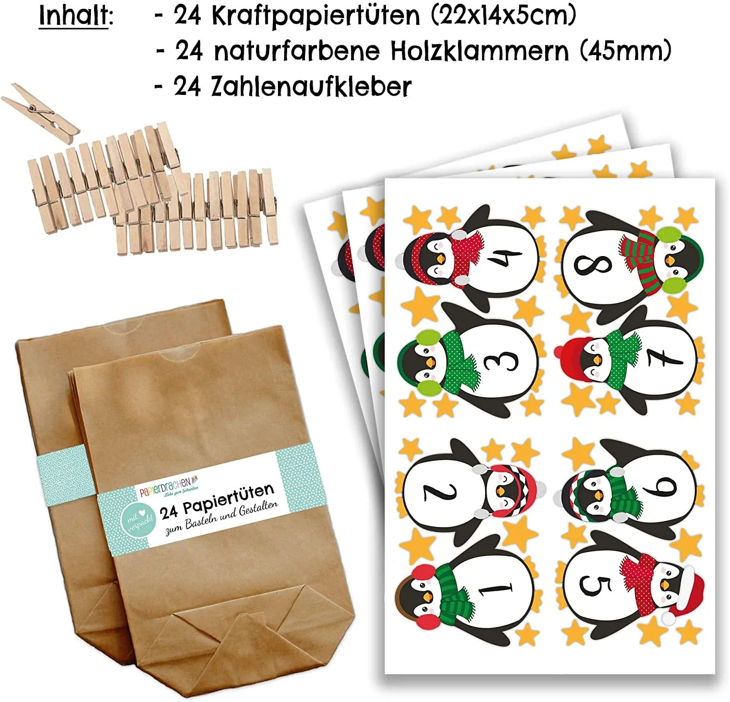 PaPIerDraCHeN DIY Calendario dell'avvento Set di Carta Kraft - Pinguini da attaccare - con 24 Sacchetti di Carta Marrone da riem