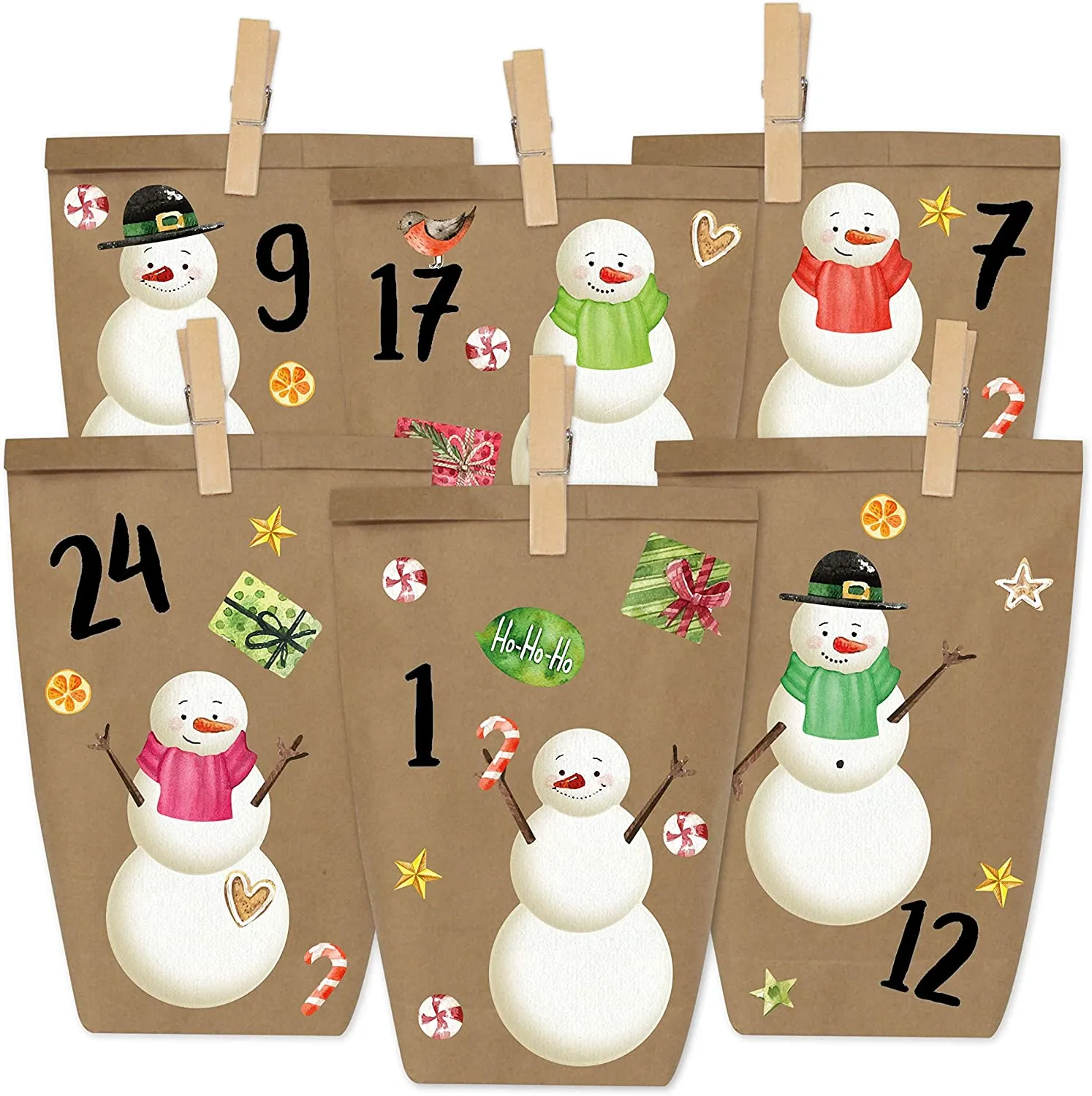 PaPIerDraCHeN DIY Calendario dell'avvento Set di Carta Kraft - Pinguini da attaccare - con 24 Sacchetti di Carta Marrone da riem