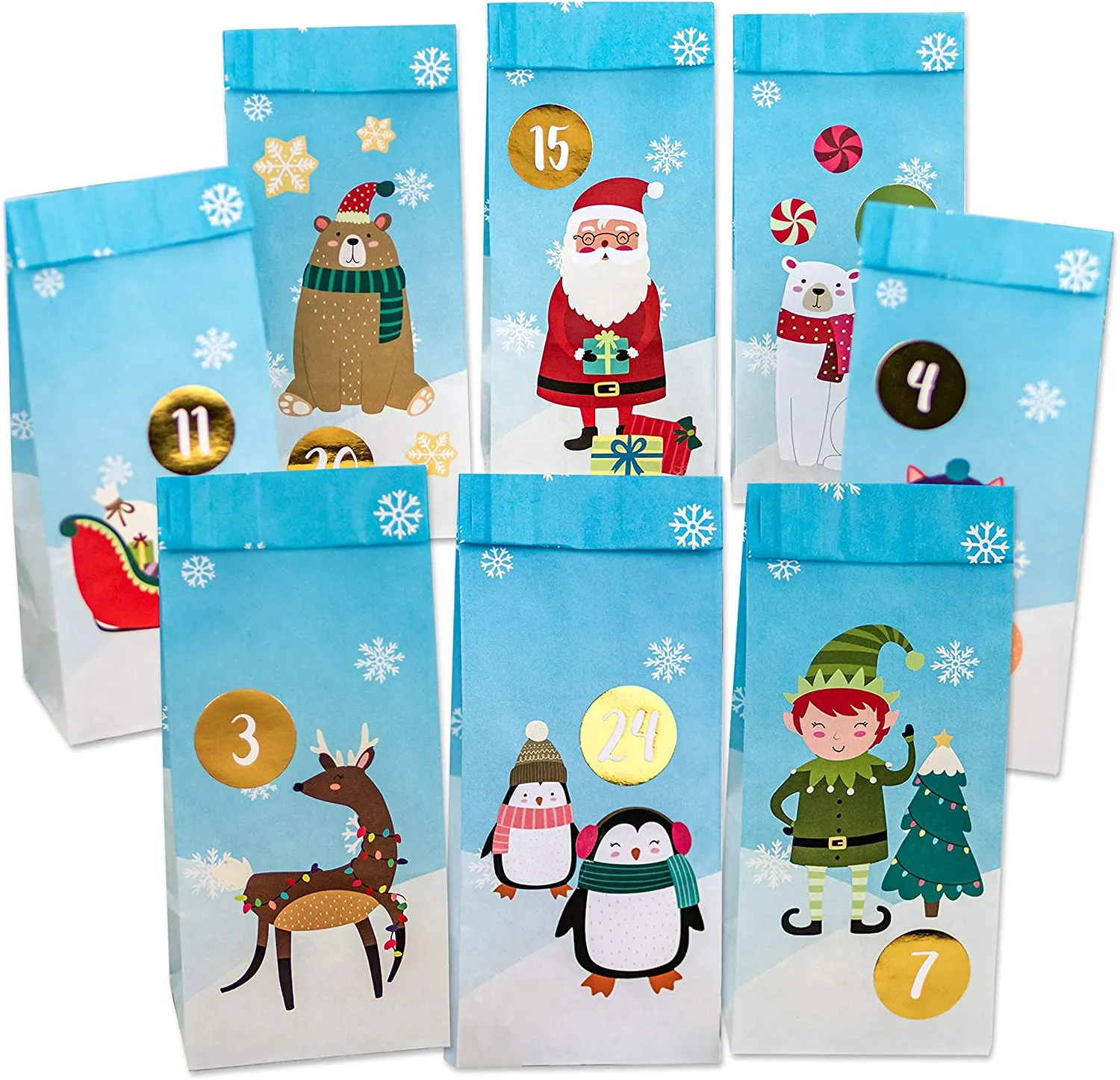 PaPIerDraCHeN DIY Calendario dell'avvento Set di Carta Kraft - Pinguini da attaccare - con 24 Sacchetti di Carta Marrone da riem