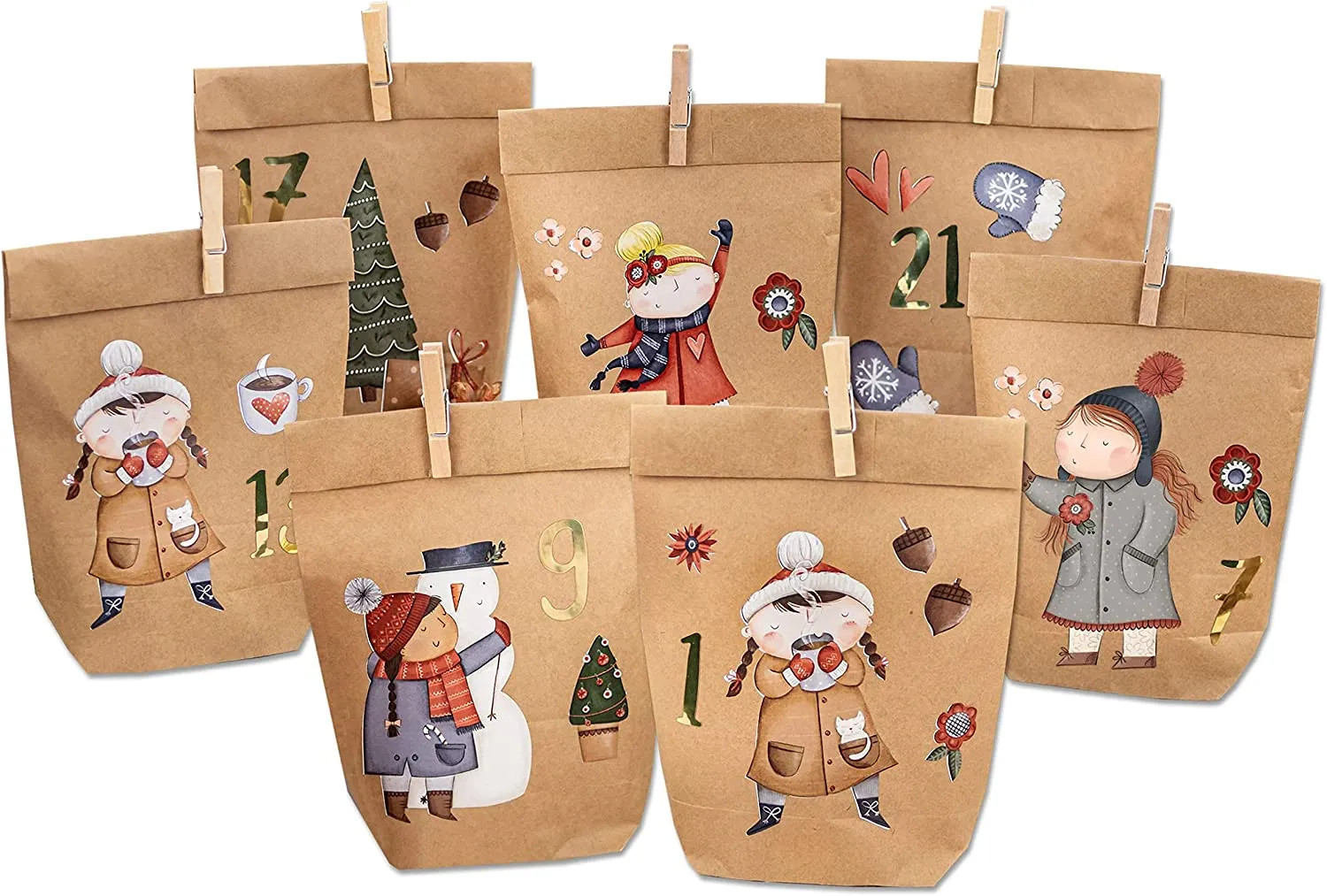 PaPIerDraCHeN DIY Calendario dell'avvento Set di Carta Kraft - Pinguini da attaccare - con 24 Sacchetti di Carta Marrone da riem