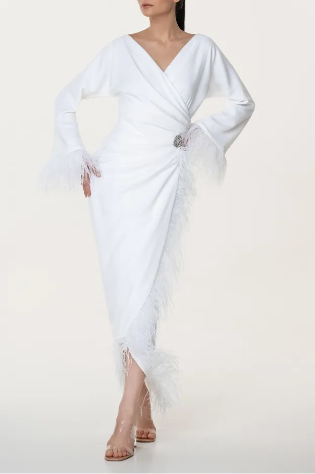   Rhea Costa     Rhea Costa Mona Ivory Feathers Trimmed Crepe Dress    