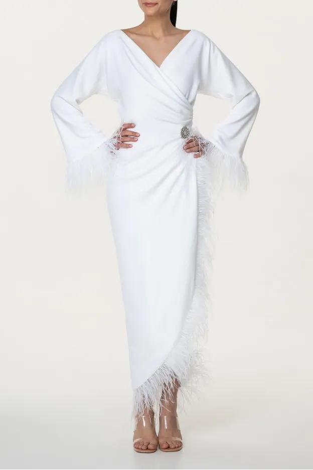   Rhea Costa     Rhea Costa Mona Ivory Feathers Trimmed Crepe Dress    