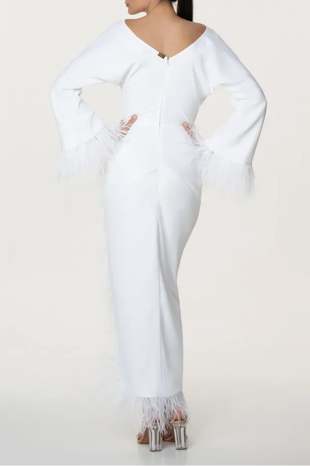   Rhea Costa     Rhea Costa Mona Ivory Feathers Trimmed Crepe Dress    