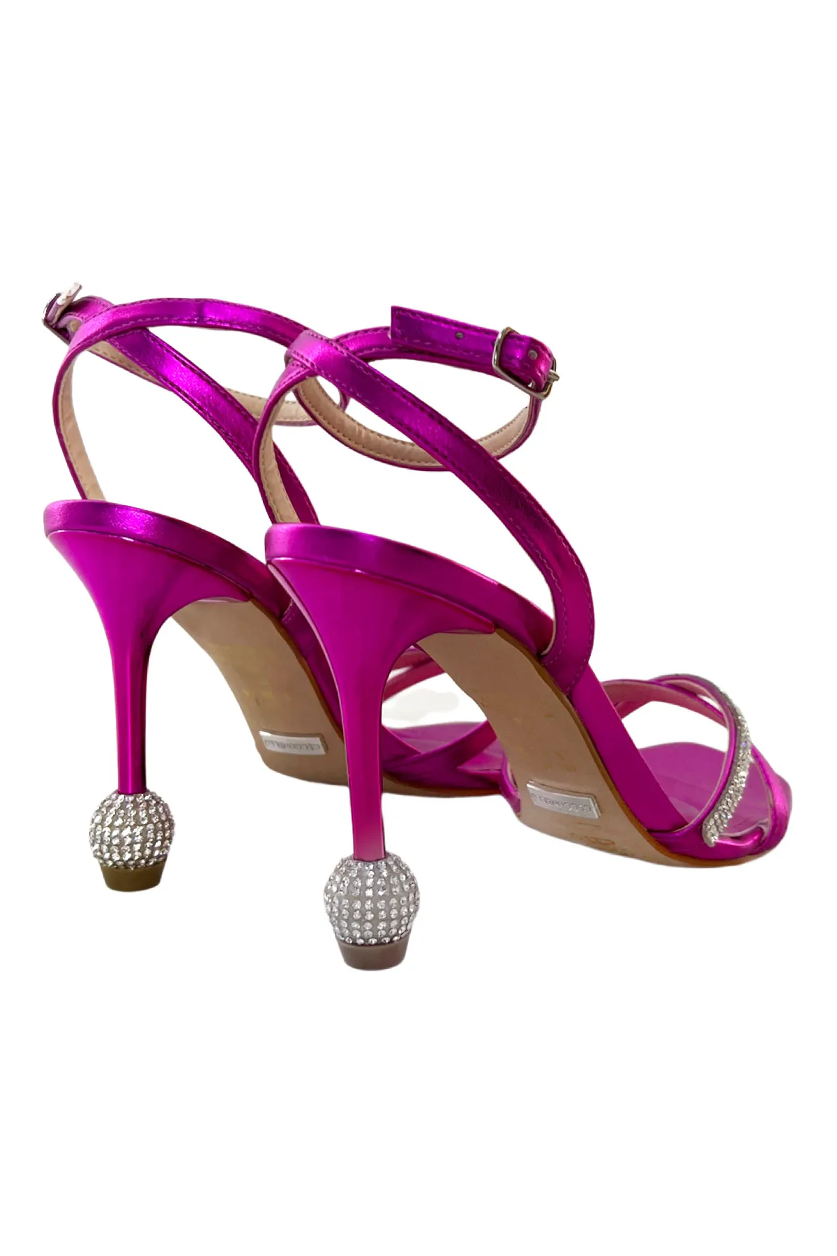 Sandalo donna con tacco 10cm a spillo con dettaglio sfera in microstrass chiusura bracciale regolabile