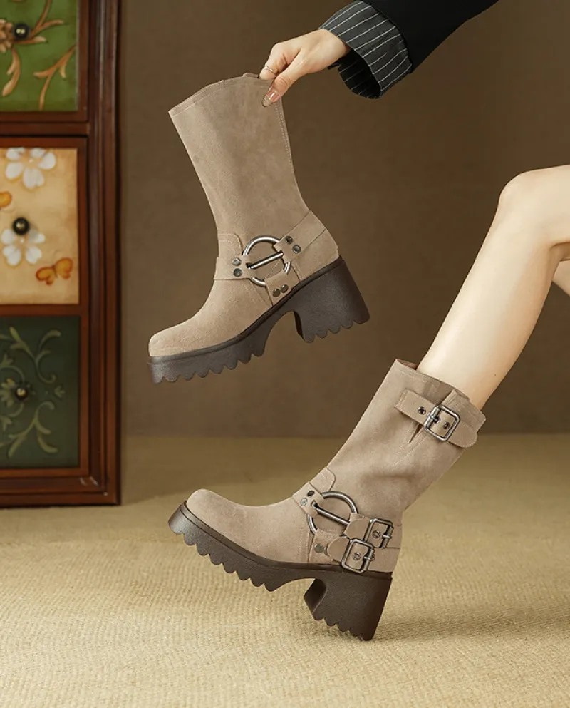 Stivali in pile Autunno e inverno Nuovi stivali da cowboy occidentali con suola spessa retrò smerigliati Stivali a metà polpacci