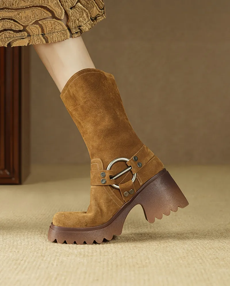 Stivali in pile Autunno e inverno Nuovi stivali da cowboy occidentali con suola spessa retrò smerigliati Stivali a metà polpacci