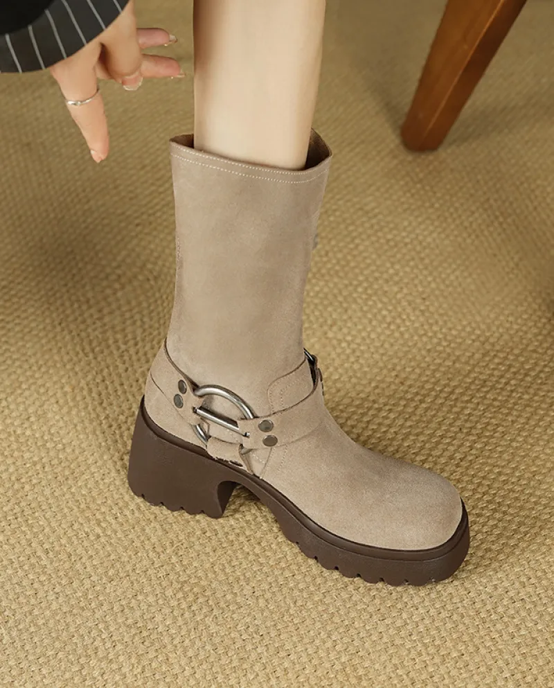 Stivali in pile Autunno e inverno Nuovi stivali da cowboy occidentali con suola spessa retrò smerigliati Stivali a metà polpacci