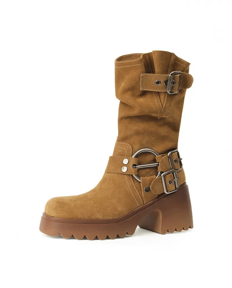 Stivali in pile Autunno e inverno Nuovi stivali da cowboy occidentali con suola spessa retrò smerigliati Stivali a metà polpacci
