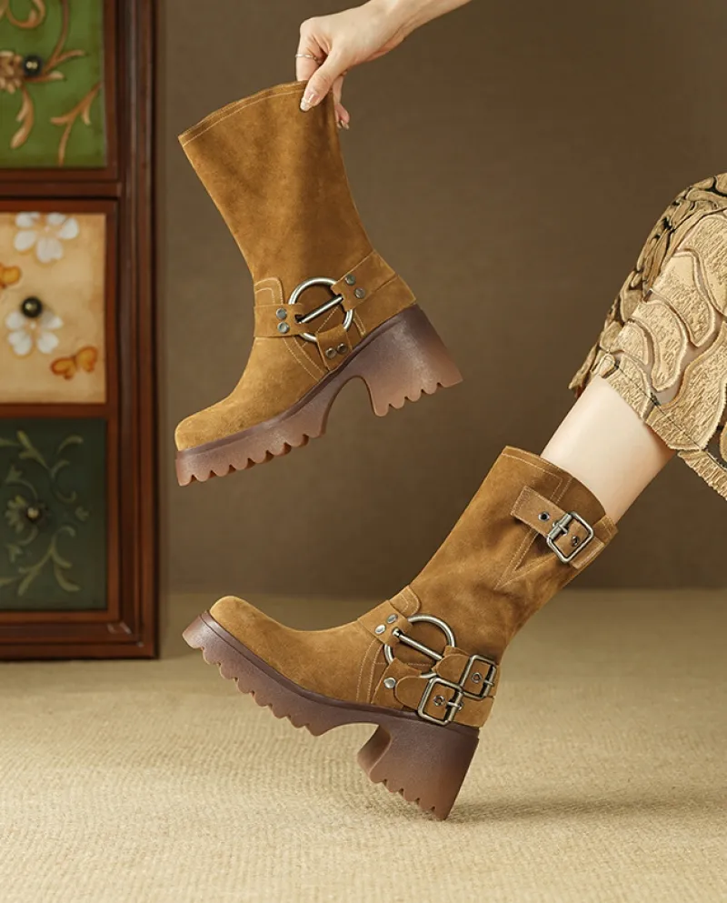 Stivali in pile Autunno e inverno Nuovi stivali da cowboy occidentali con suola spessa retrò smerigliati Stivali a metà polpacci